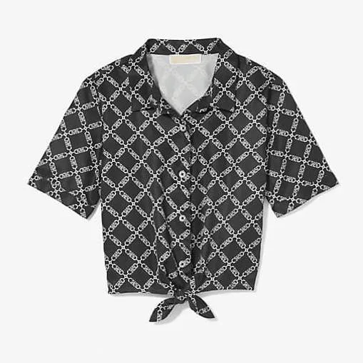 Michael Kors Kids Empire Logo Print Woven Tie-Front Blouse, Black