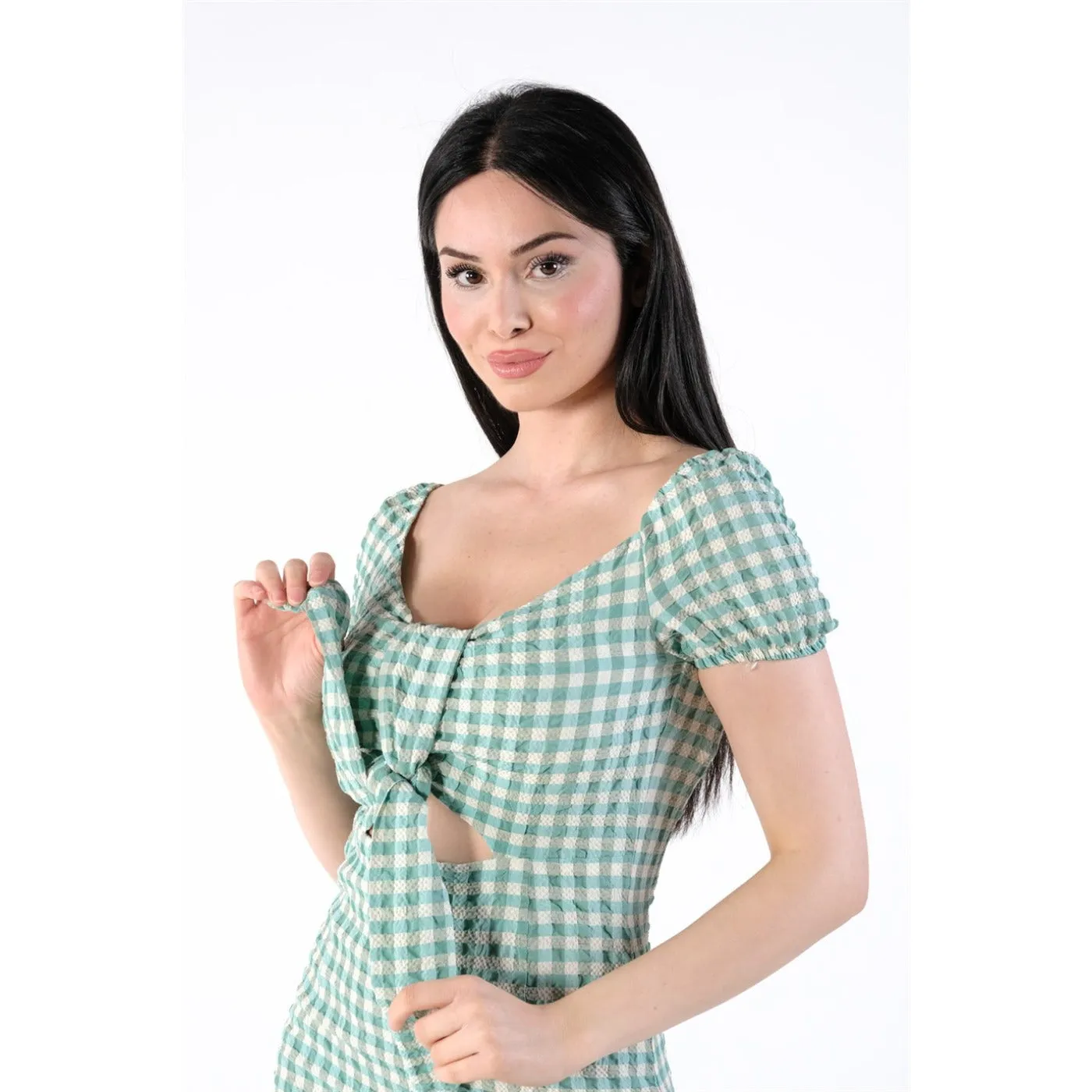 Neck Belted Plaid Green Dress