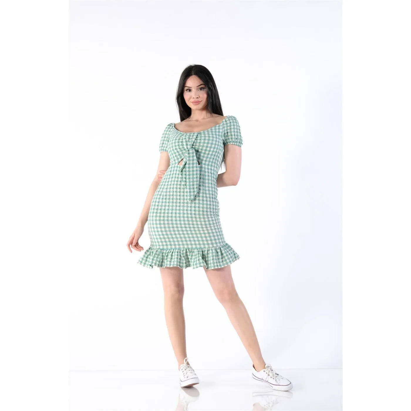 Neck Belted Plaid Green Dress