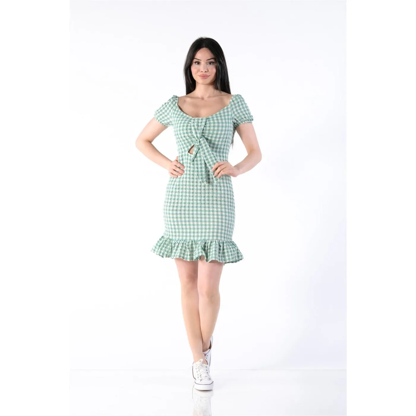 Neck Belted Plaid Green Dress