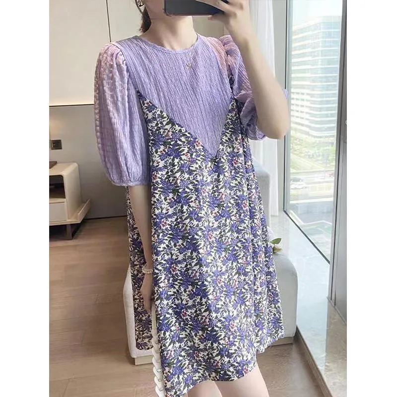 Patchwork Loose Fit Casual Floral Print Dress