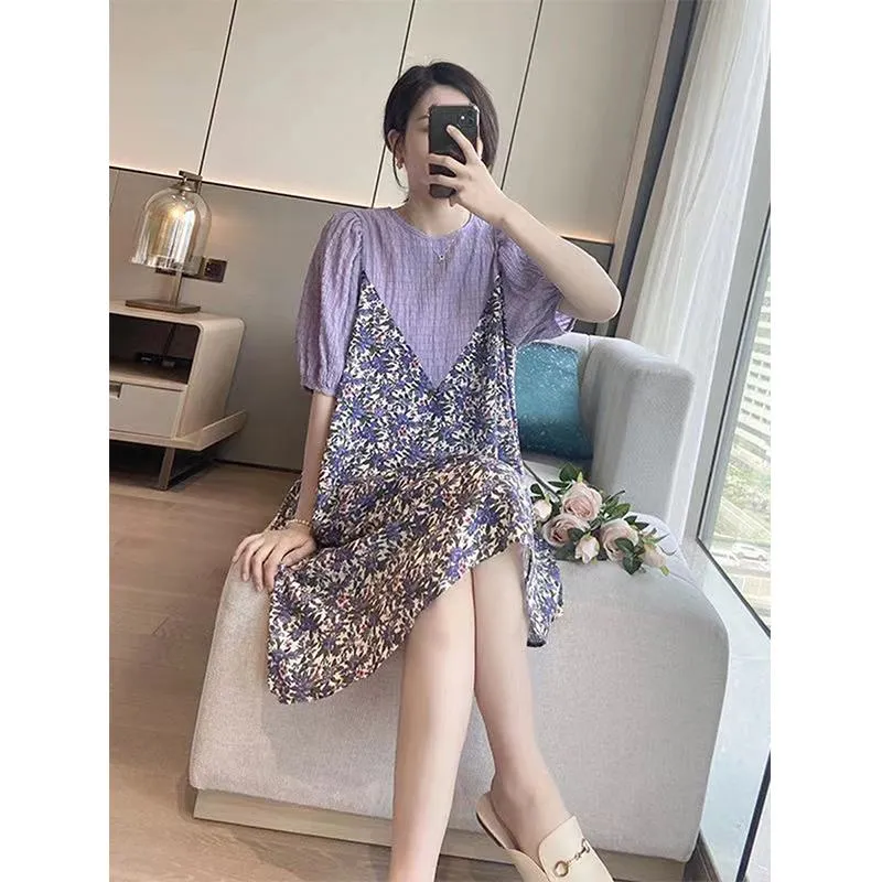 Patchwork Loose Fit Casual Floral Print Dress