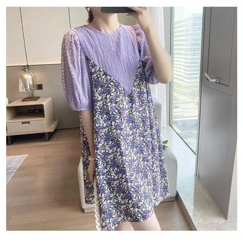 Patchwork Loose Fit Casual Floral Print Dress