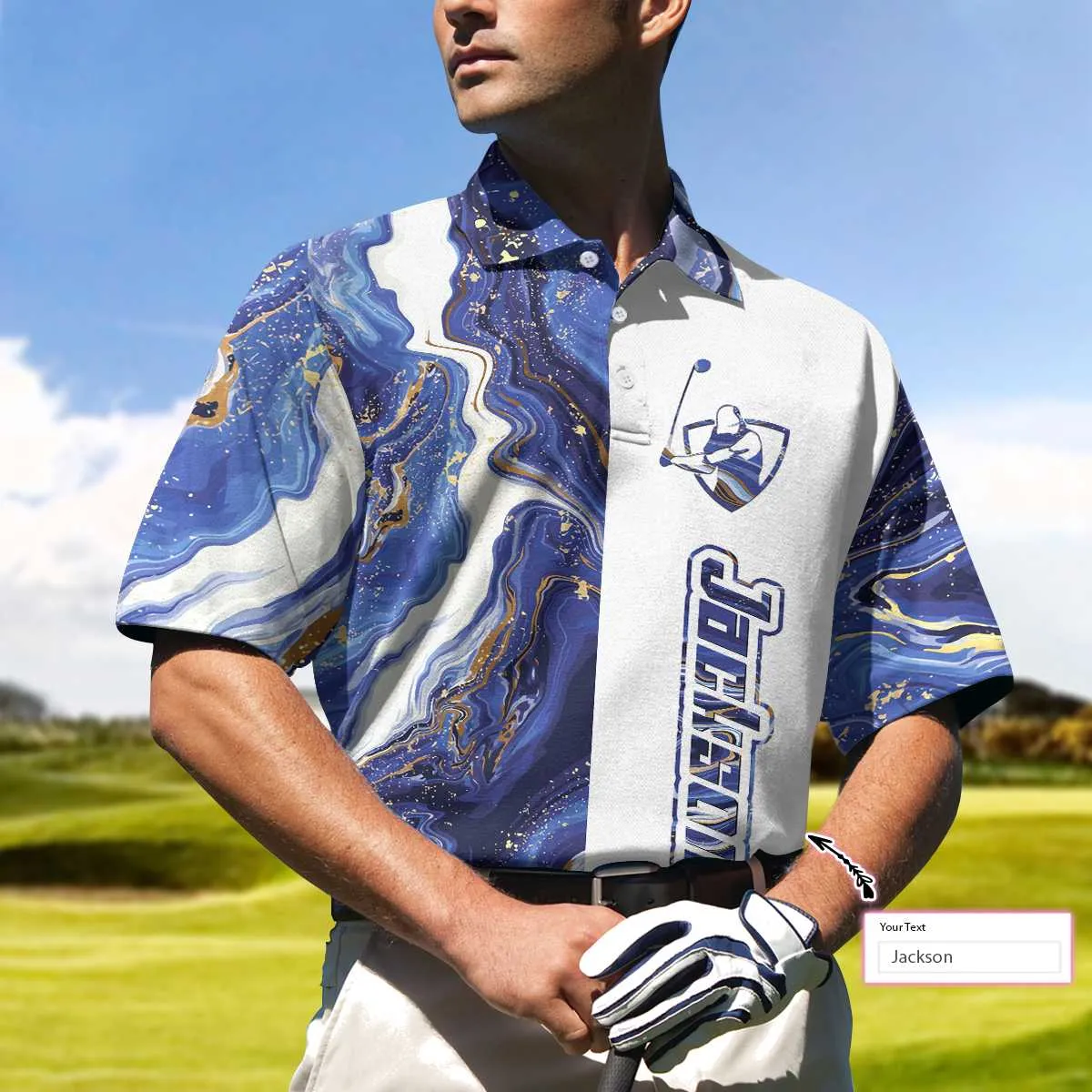 Personalized Blue Marble And Gold Golf Custom Polo Shirt, Cool Golf Shirt For Men Coolspod