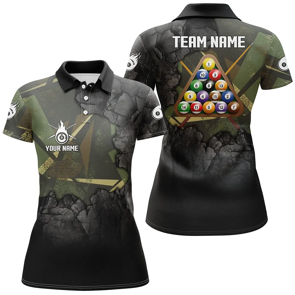 Personalized Fire Pool Balls Billiard Polo Shirts For Women, Custom 3D Billiard Camouflage Women Polo