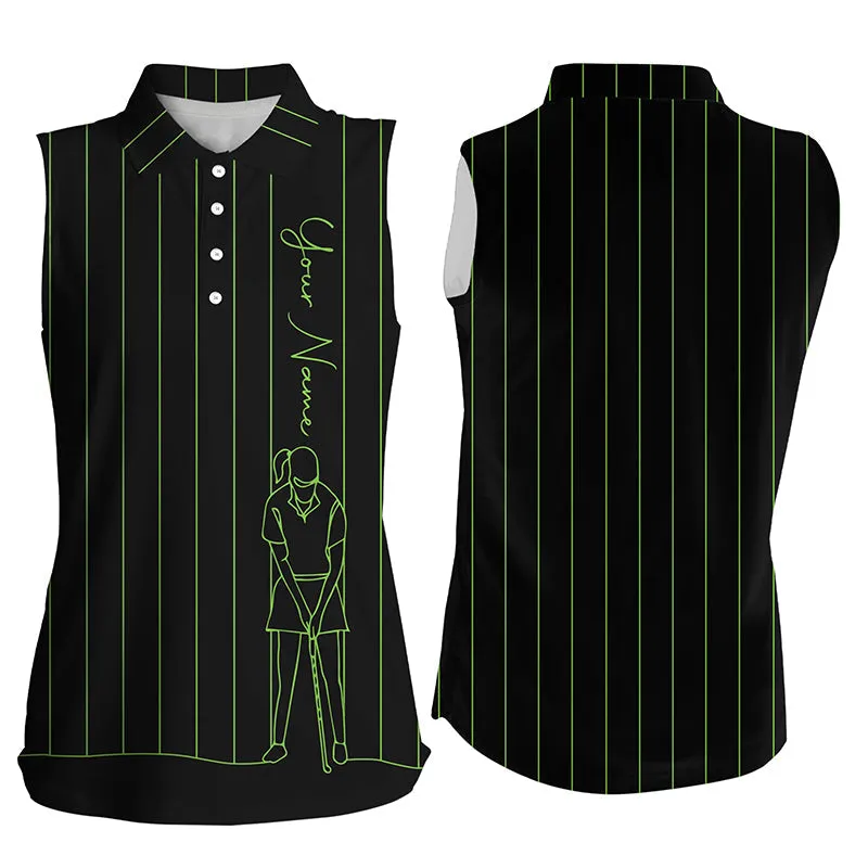 Personalized Golf Sleeveless Polo Shirt For Women Custom Green Stripes Black Golf Tops Gifts For Girl