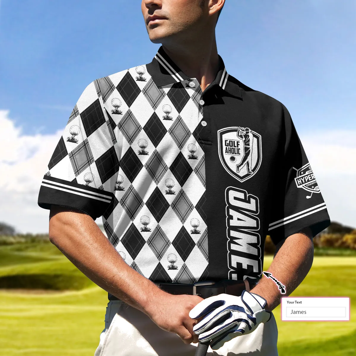 Personalized Golfaholic Custom Polo Shirt, Black And White Argyle Pattern Polo Shirt, Best Golf Shirt For Men Coolspod