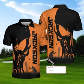 Personalized Golfer Skull Custom Polo Shirt, Black And Orange Polo Shirt, Best Golf Shirt For Men Coolspod