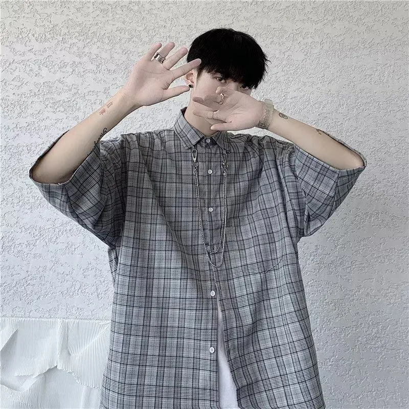 Plaid Trendy Artistic Fashion Standard Patchwork Versatile Short Sleeve Shirt