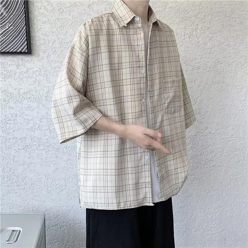 Plaid Trendy Artistic Fashion Standard Patchwork Versatile Short Sleeve Shirt