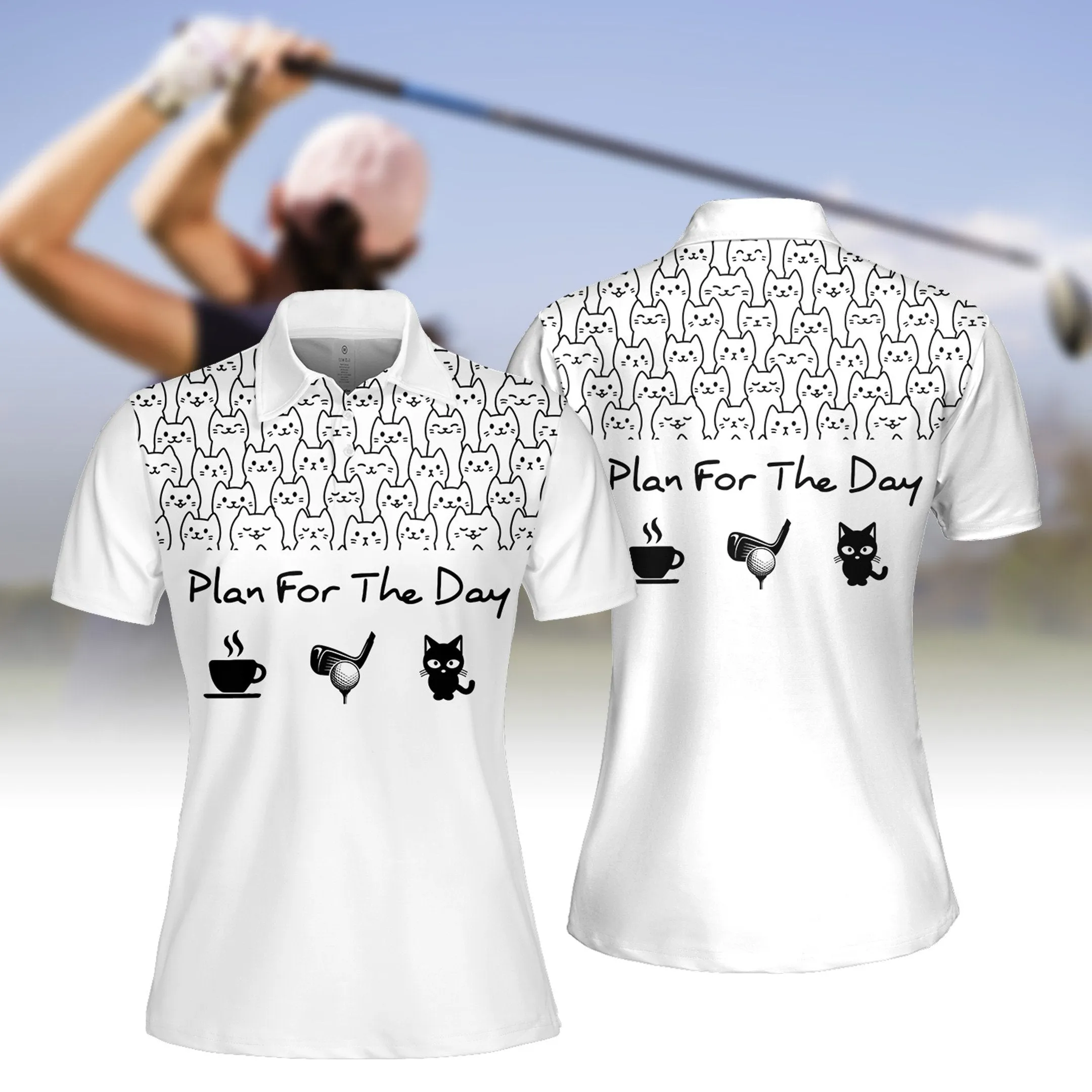 Plan For The Day Coffee, Golf And Cat Women Short Sleeve Polo Shirt, Sleeveless Polo Shirt for women