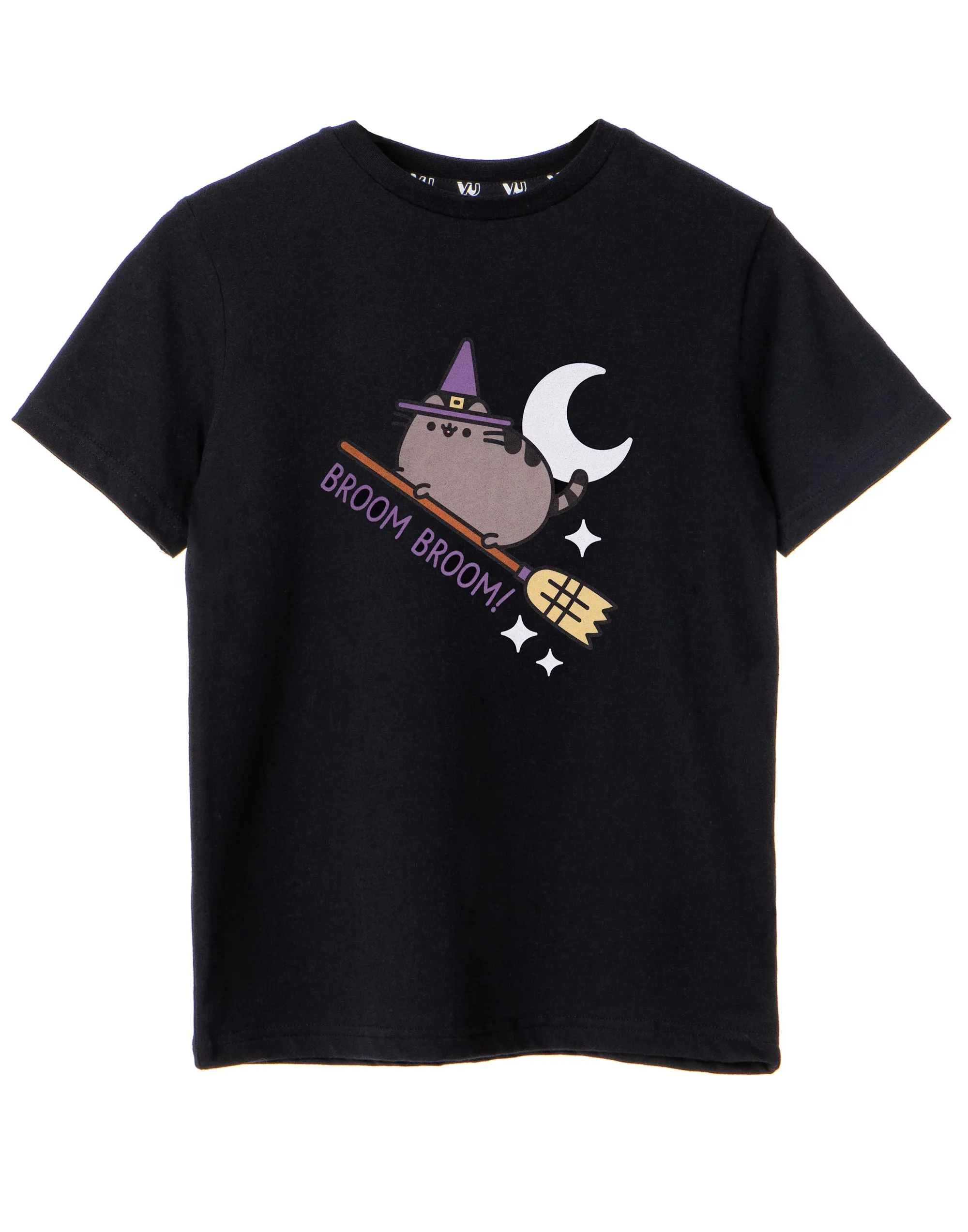 Pusheen Halloween Broom Broom Girls Black Short Sleeved T-Shirt