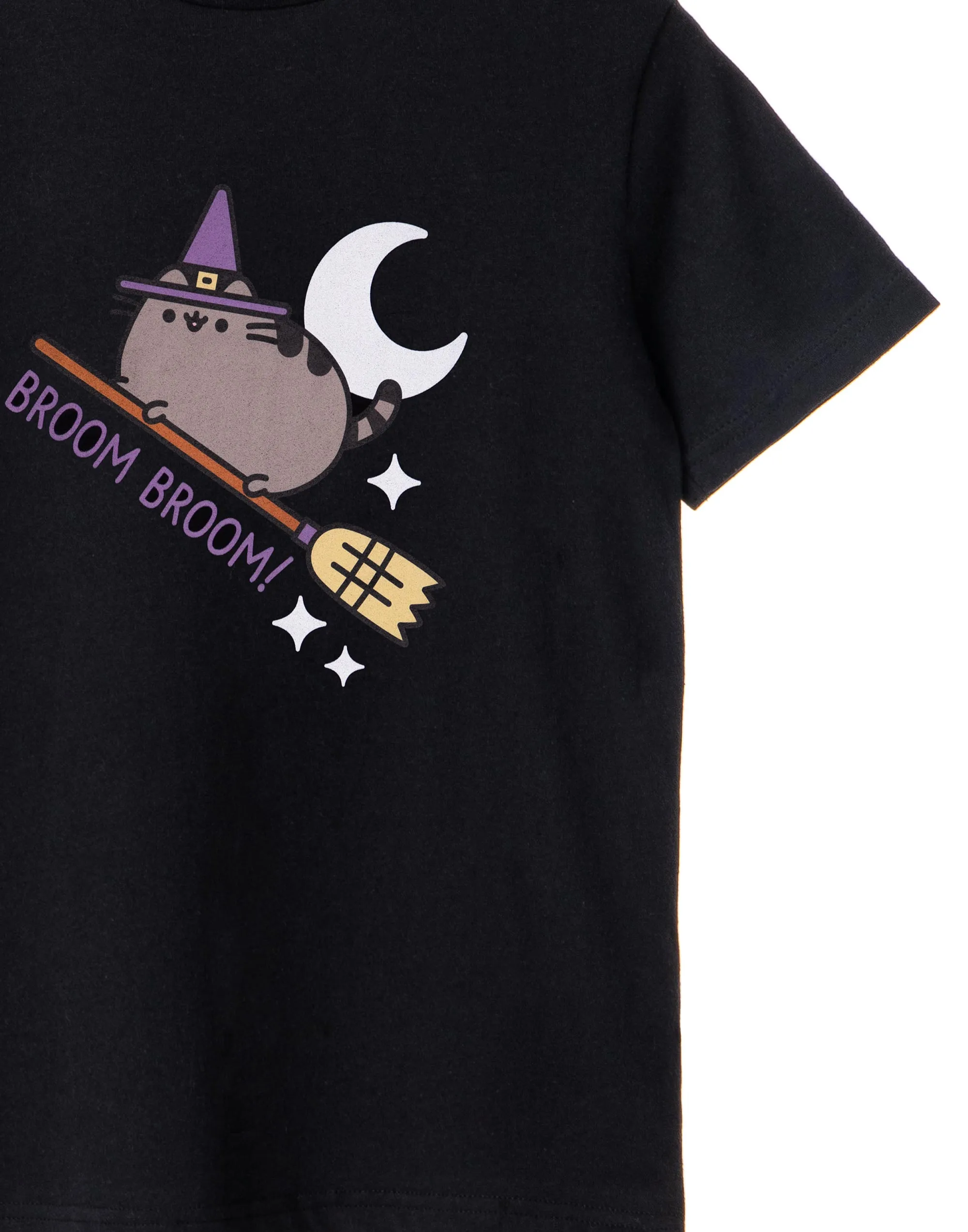 Pusheen Halloween Broom Broom Girls Black Short Sleeved T-Shirt