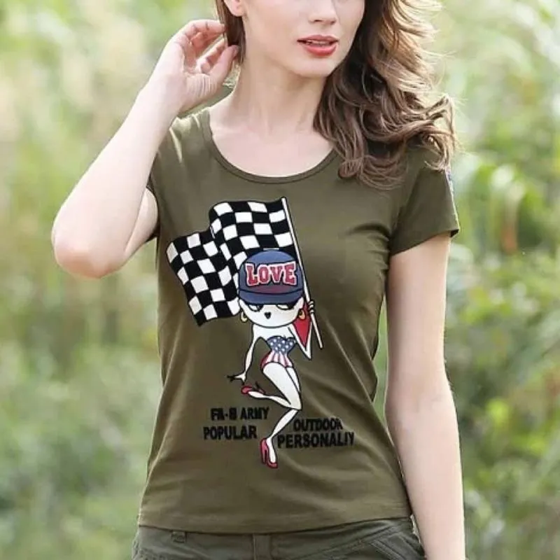 Racer Army Girl Camouflage Cartoon Print Shirt