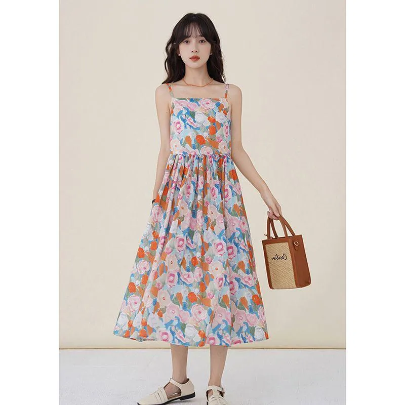 Retro Gentle Beach Petite Vacation Floral Print Long Style Dress