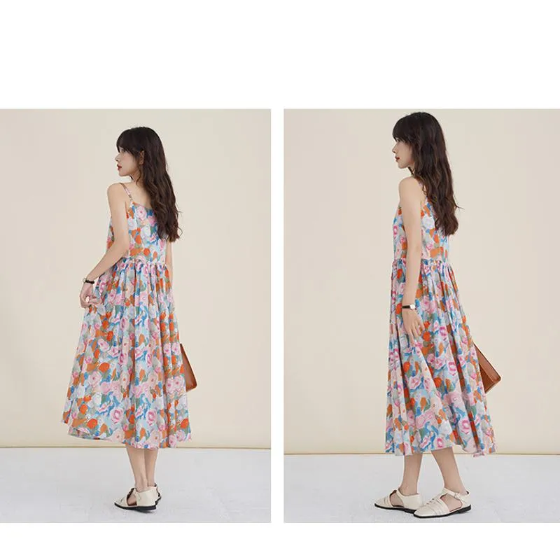 Retro Gentle Beach Petite Vacation Floral Print Long Style Dress