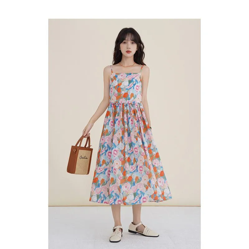 Retro Gentle Beach Petite Vacation Floral Print Long Style Dress