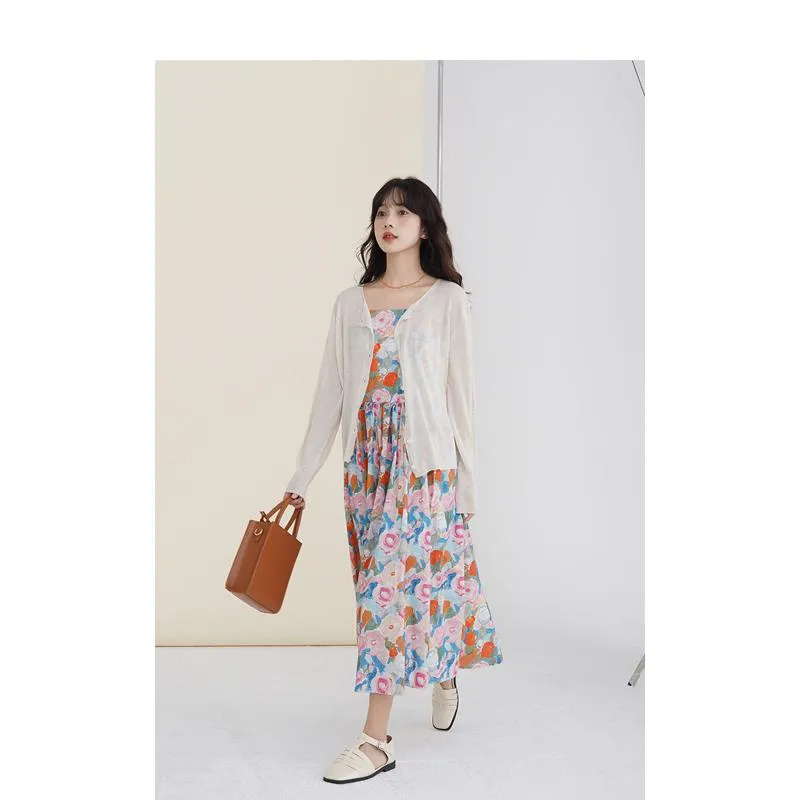 Retro Gentle Beach Petite Vacation Floral Print Long Style Dress