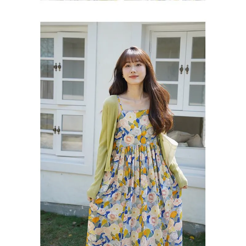 Retro Gentle Beach Petite Vacation Floral Print Long Style Dress