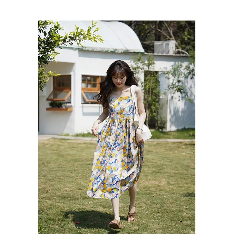 Retro Gentle Beach Petite Vacation Floral Print Long Style Dress