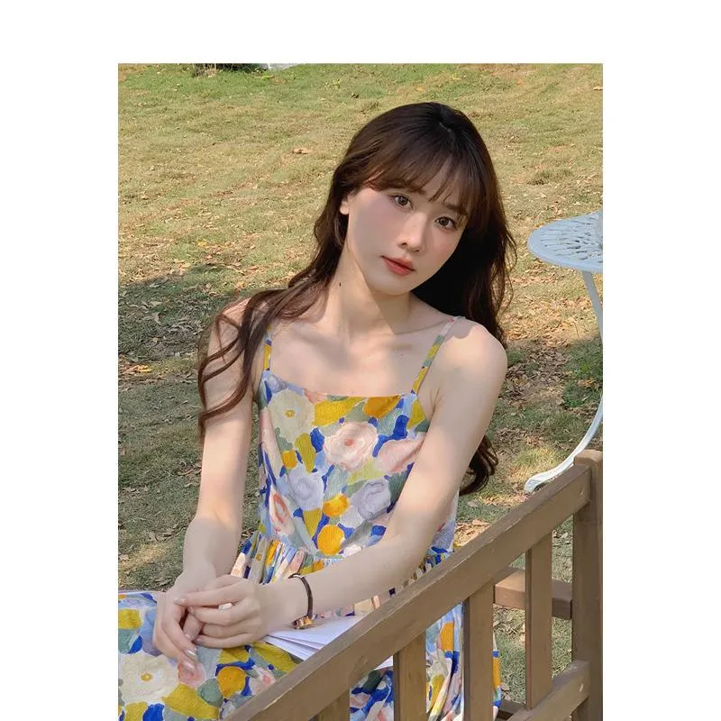 Retro Gentle Beach Petite Vacation Floral Print Long Style Dress