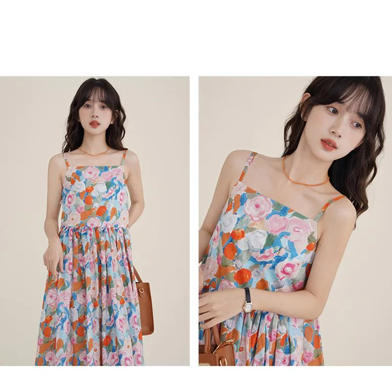 Retro Gentle Beach Petite Vacation Floral Print Long Style Dress