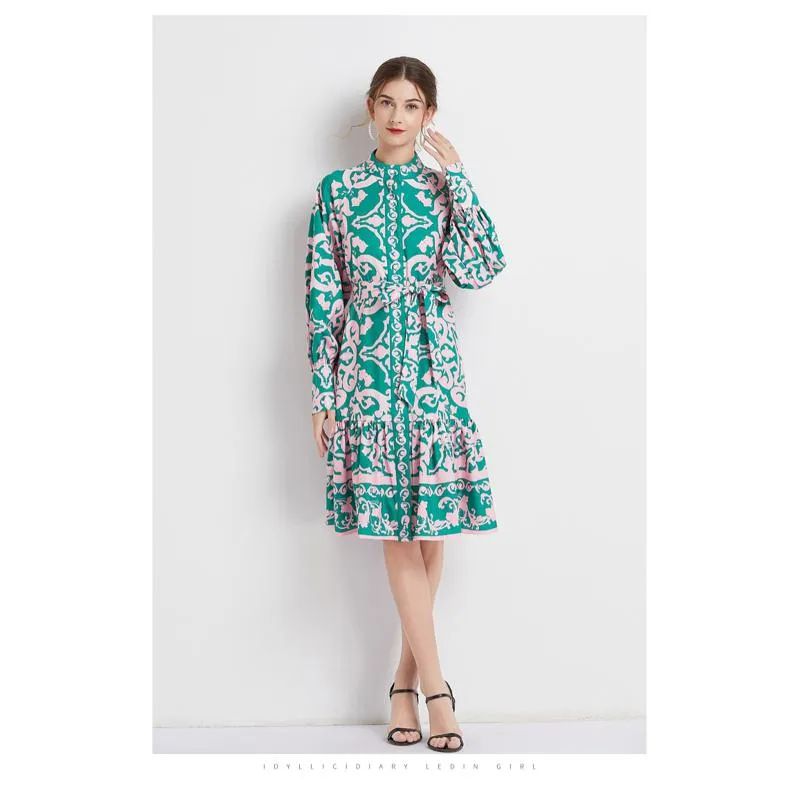 Retro Midi Cinched Waist Stand-Up Collar A-Line Print Dress