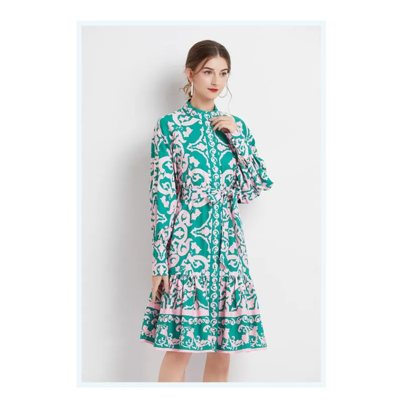 Retro Midi Cinched Waist Stand-Up Collar A-Line Print Dress