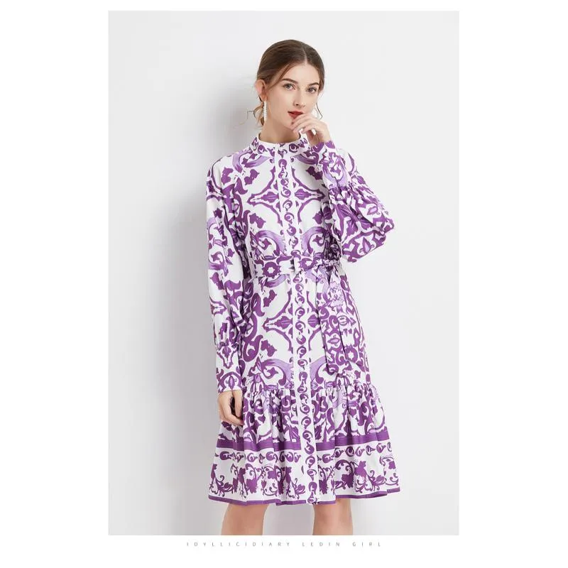 Retro Midi Cinched Waist Stand-Up Collar A-Line Print Dress