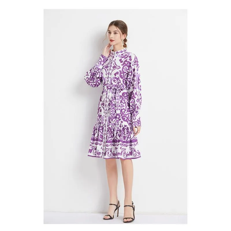 Retro Midi Cinched Waist Stand-Up Collar A-Line Print Dress