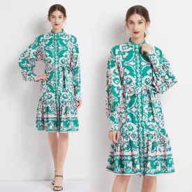 Retro Midi Cinched Waist Stand-Up Collar A-Line Print Dress