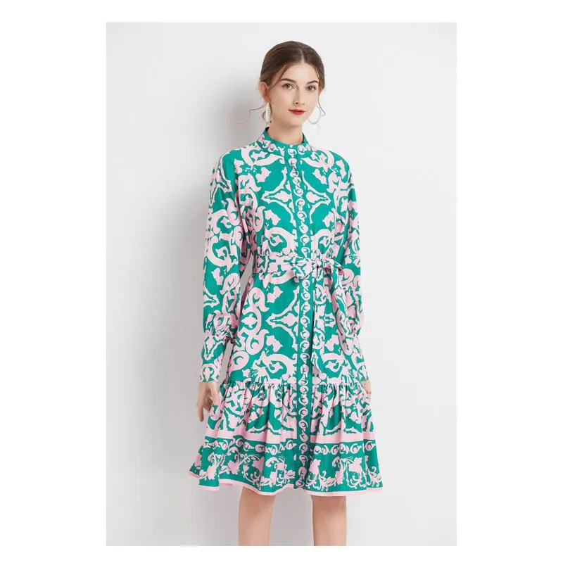 Retro Midi Cinched Waist Stand-Up Collar A-Line Print Dress