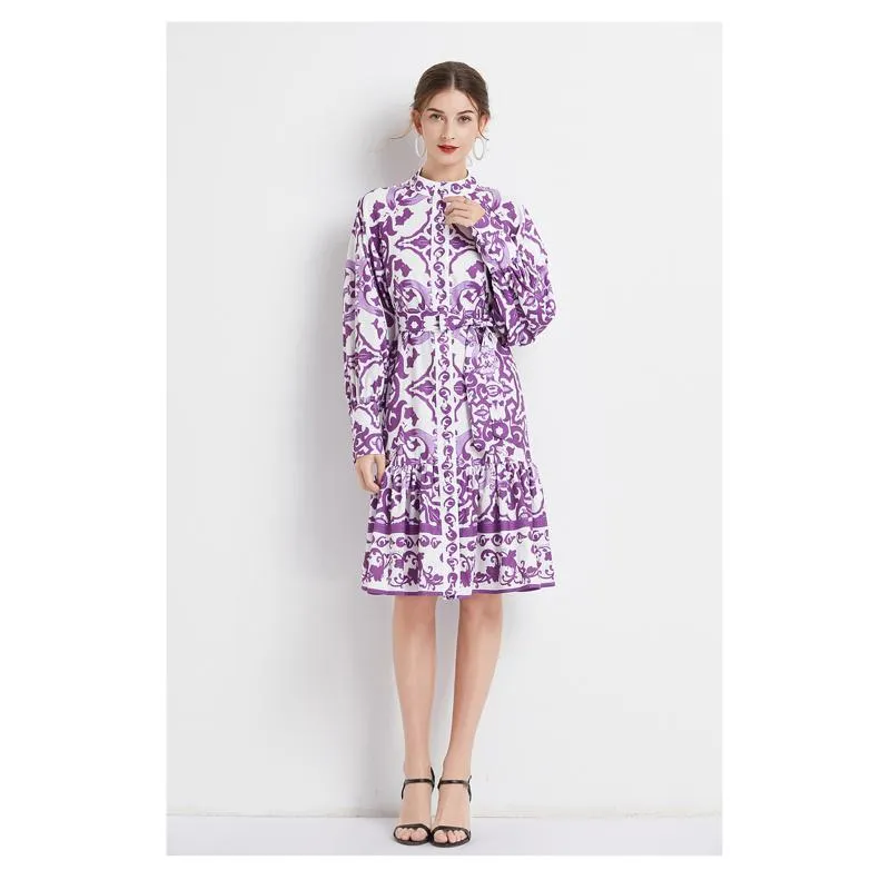 Retro Midi Cinched Waist Stand-Up Collar A-Line Print Dress