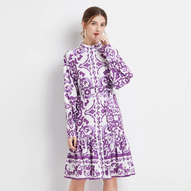 Retro Midi Cinched Waist Stand-Up Collar A-Line Print Dress