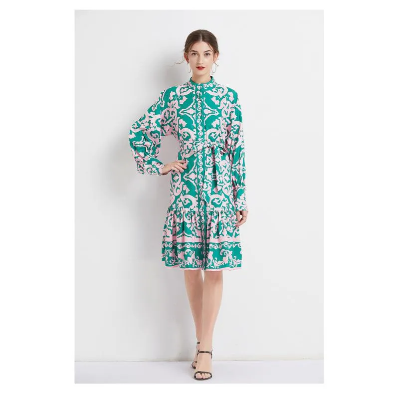 Retro Midi Cinched Waist Stand-Up Collar A-Line Print Dress