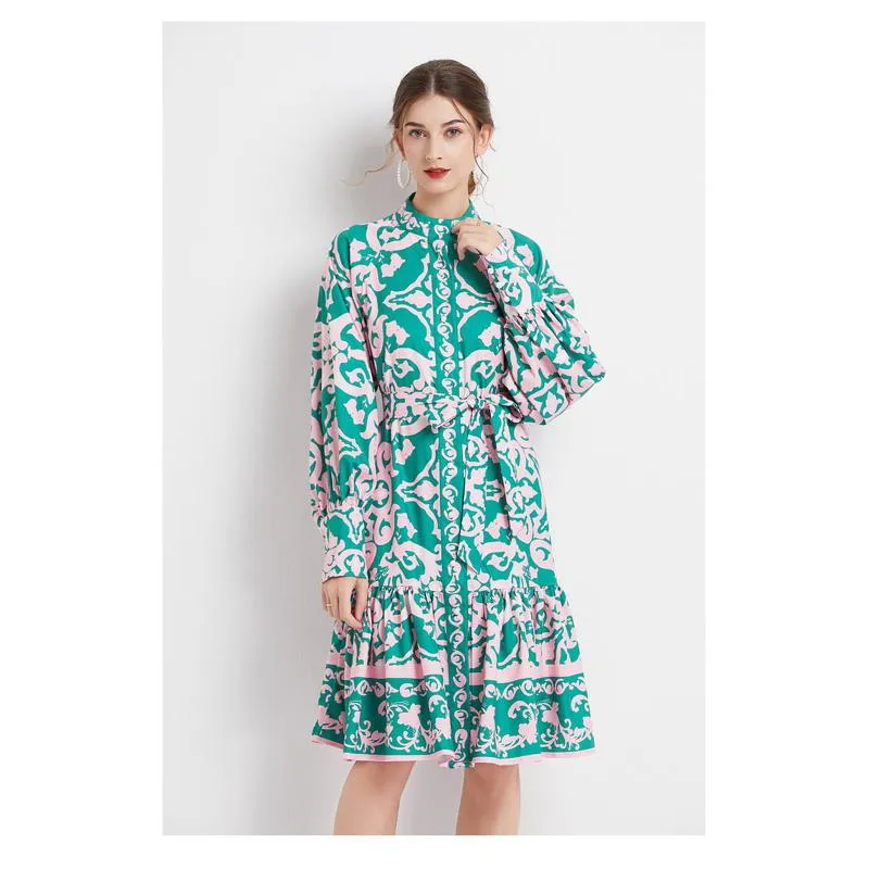 Retro Midi Cinched Waist Stand-Up Collar A-Line Print Dress