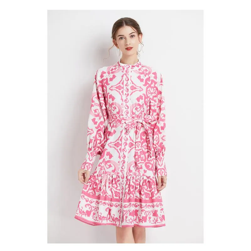 Retro Midi Cinched Waist Stand-Up Collar A-Line Print Dress