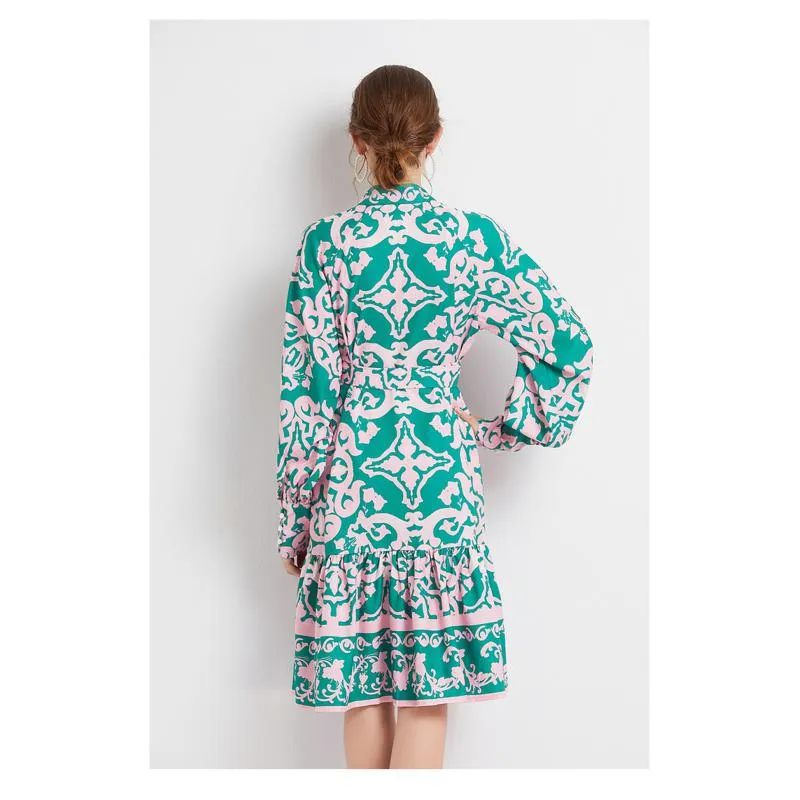 Retro Midi Cinched Waist Stand-Up Collar A-Line Print Dress