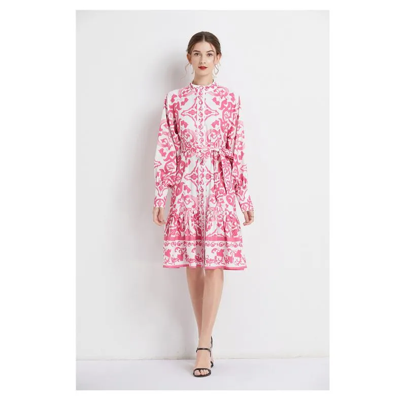 Retro Midi Cinched Waist Stand-Up Collar A-Line Print Dress