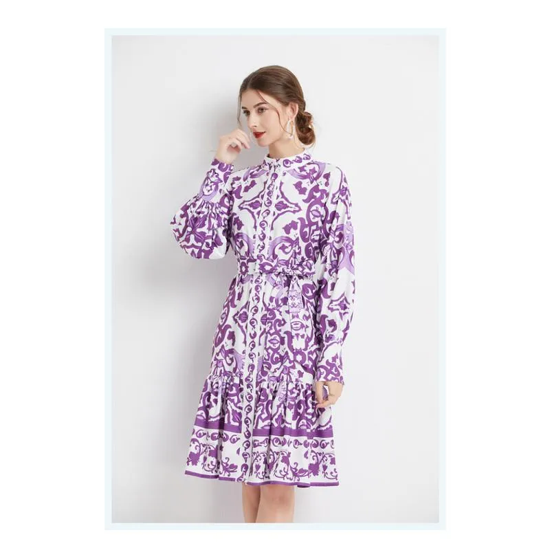 Retro Midi Cinched Waist Stand-Up Collar A-Line Print Dress