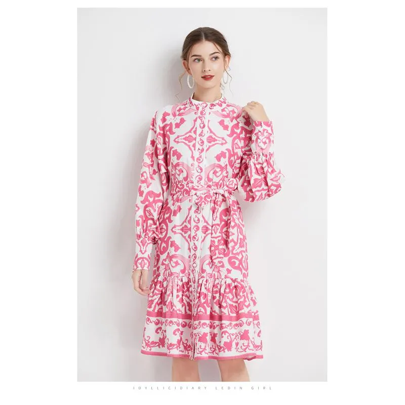 Retro Midi Cinched Waist Stand-Up Collar A-Line Print Dress