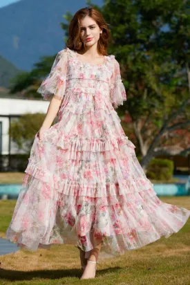 Romantic Square Neck Summer Floral Tulle Ruffle Layered Evening Maxi Dress - Pink