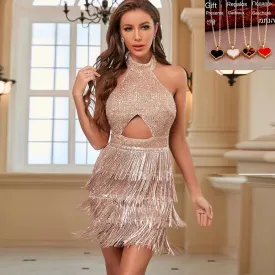 Sequin Sexy Backless Gorgeous Halter Tassel 2024 Neck Elegant Zipper Hollow Party Dress