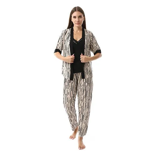 Set Of 3 Robe, Top & Pants Pajama Set for Women- Beige