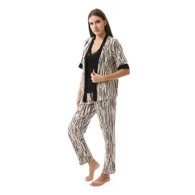 Set Of 3 Robe, Top & Pants Pajama Set for Women- Beige