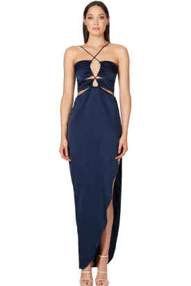 Silky Satin Cross Front Cutout Slit Cocktail Party Dress - Navy Blue