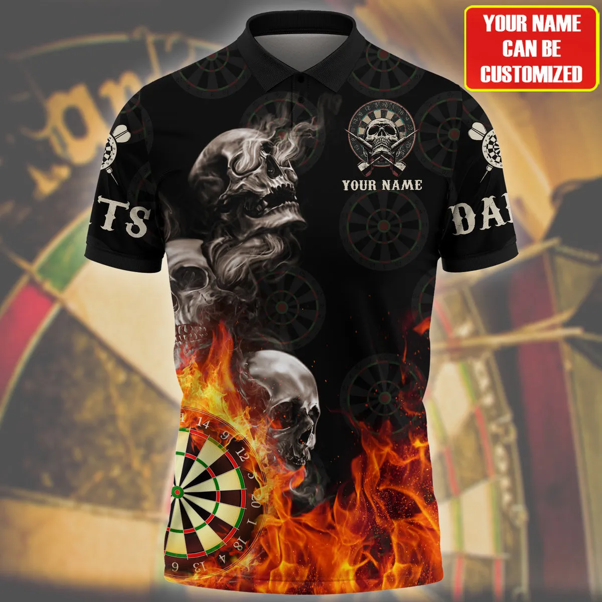 Skull On Fire Dart Polo Shirt, Personalized Name Dart Skull 3D Shirt, Skull Polo Shirt