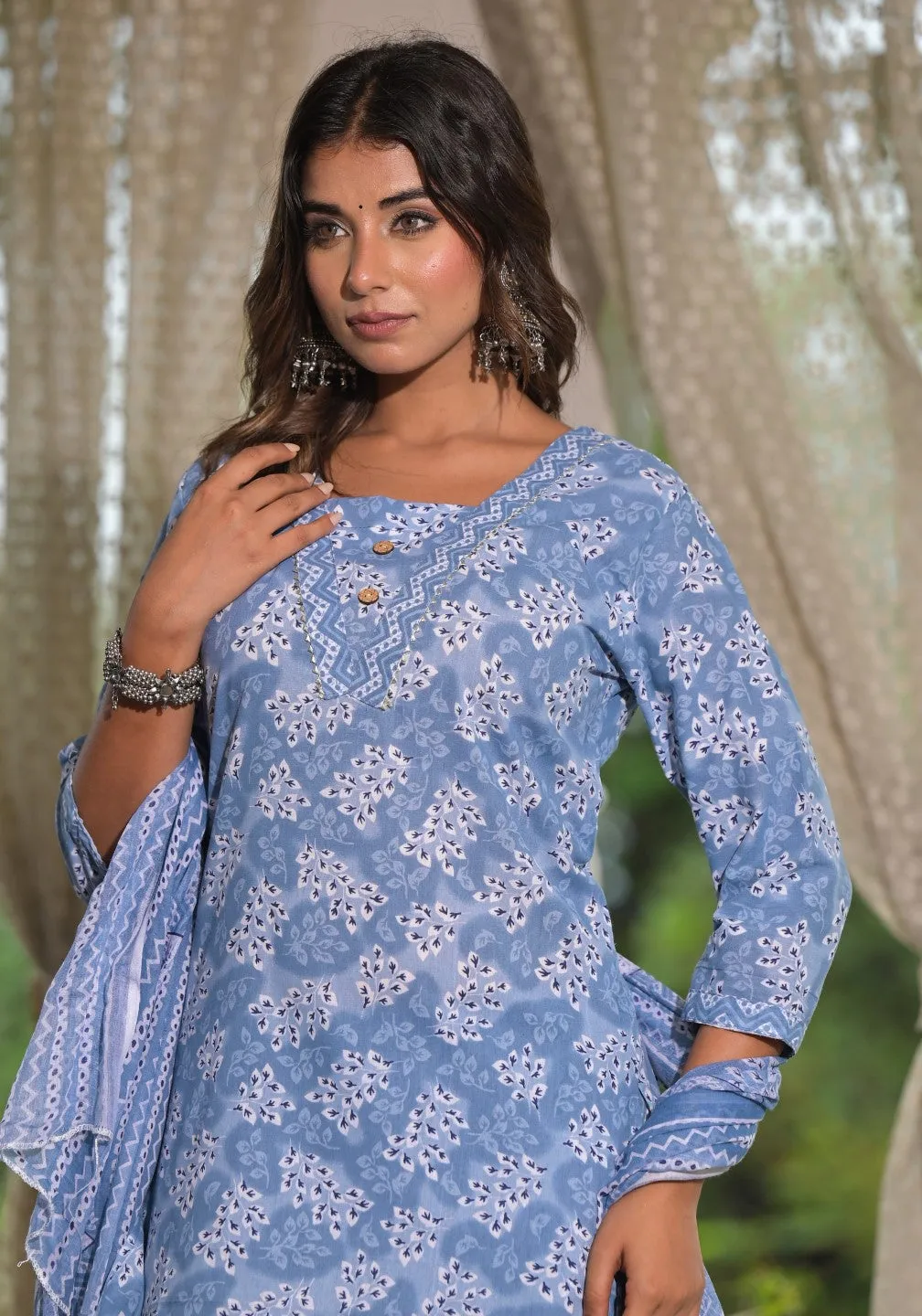 Sky Blue Ethnic Motif Printed Cotton Kurta, Pant And Dupatta Set With Buttons & Lace