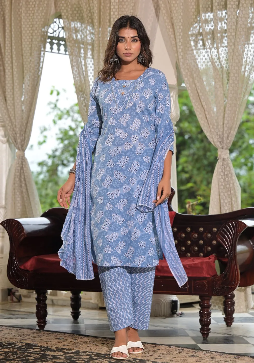 Sky Blue Ethnic Motif Printed Cotton Kurta, Pant And Dupatta Set With Buttons & Lace