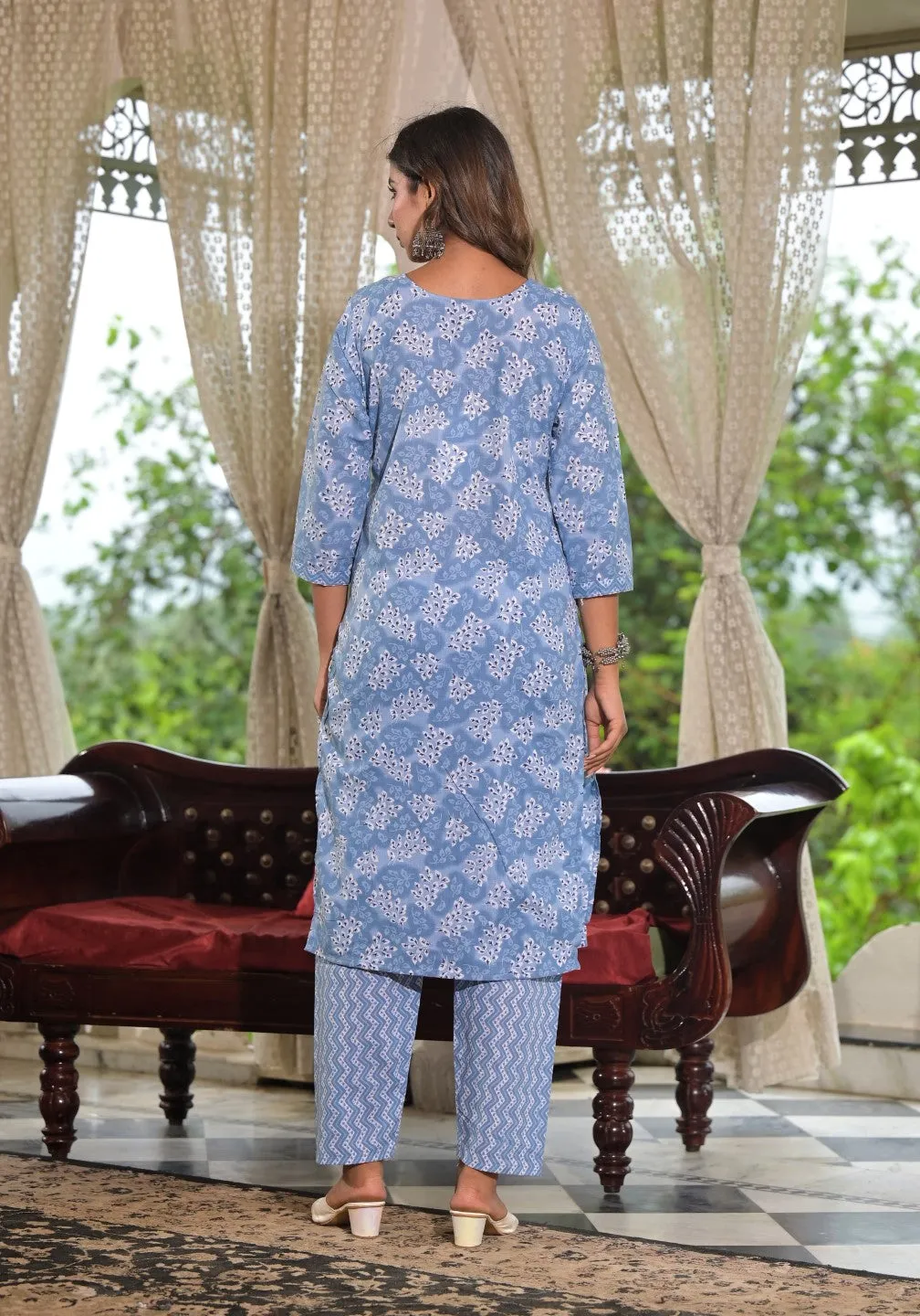 Sky Blue Ethnic Motif Printed Cotton Kurta, Pant And Dupatta Set With Buttons & Lace